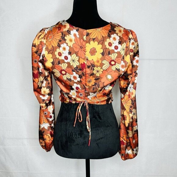 Le Lis Satin Deep V Cropped Blouse Sz S Floral Orange Brown Back-Zip Tie - Picture 6 of 8